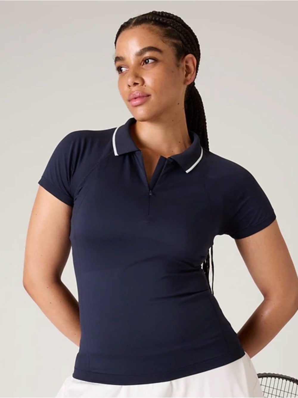 Athleta Polo Tee Womens Large Navy Blue White Trim Seamless Tennis Workout